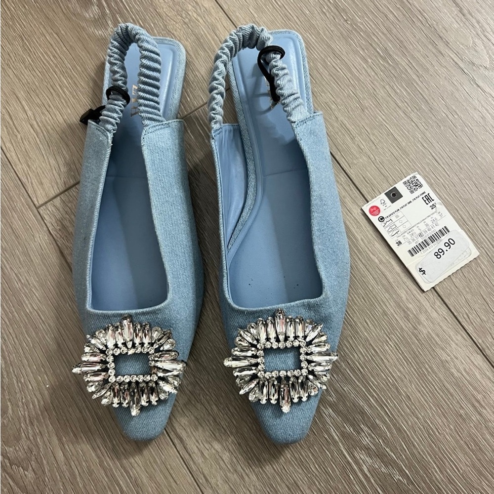 Zara Denim Rhinestone Slingback Flat